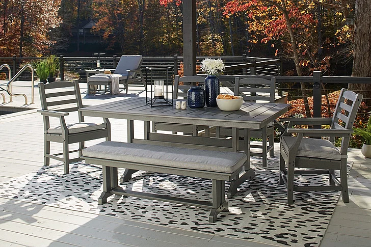 Restaurant Outdoor Seating Set - Visola 6Pc Outdoor Rectangular Dining Table Set in Gray