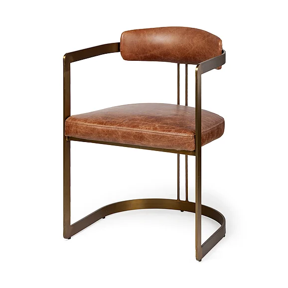 Mercana Hollyfield I Brown Leather Seat Gold Iron Frame Dining Chair 50413