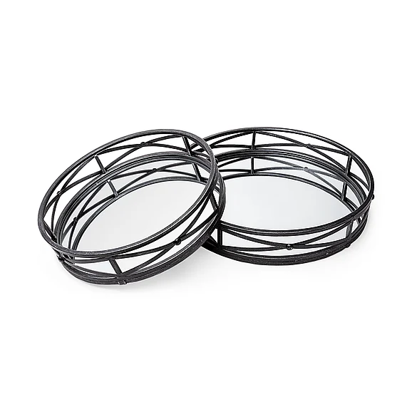 Mercana Piers (Set of 2) Black Metal Mirrored Round Trays 67237 PROMO