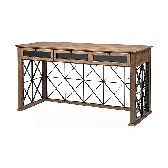 Mercana Eldorado III 24L x 60W Brown Wood Metal Cross-Hatch 3 Drawer Office Desk 67538 CLOSEOUT