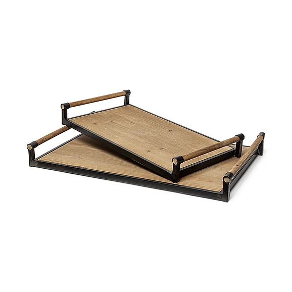 Mercana Benson Set of 2 Brown Wood Black Metal Trays 67701