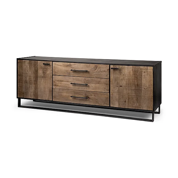 Mercana Alvin 82X20 Brown Solid Wood With Black Metal Frame 3 Drawer 2 Cabinet Door Sideboard 67851