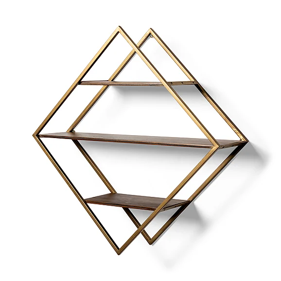 Mercana Neil I Diamond Shape Wall Mounted Brass Frame W Three Wood Wall Shelves 68006 PROMO