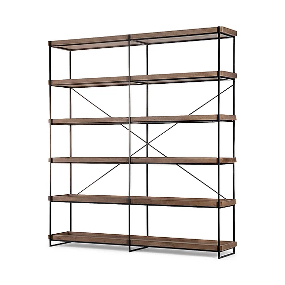 Mercana Trey IV 80L x 16W x 87.5H Medium Brown Wood and Iron Five Tray Shelf Shelving Unit 68485