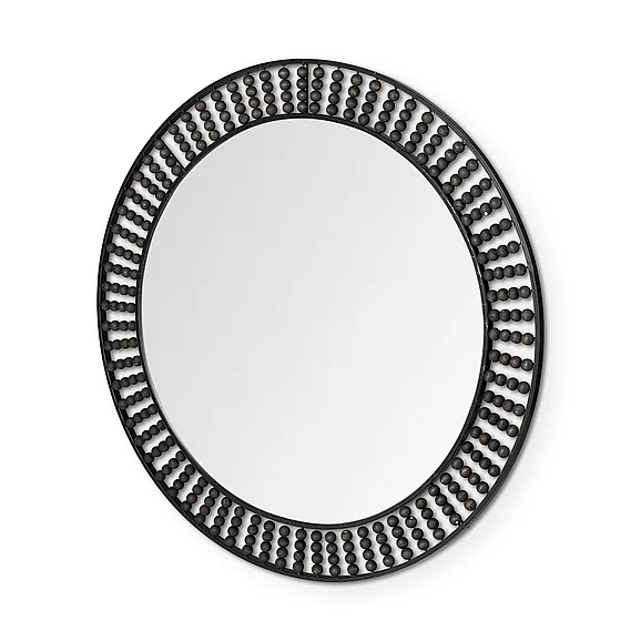 Mercana Claiborne 42" Round Black Metal Frame Mirror w/Wood Beads 68673 PROMO