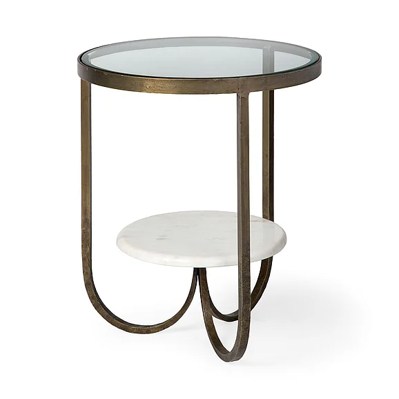 Mercana Reinhardt II 20" Round Glass Top Metal and Marble Detail End/Side Table 67805