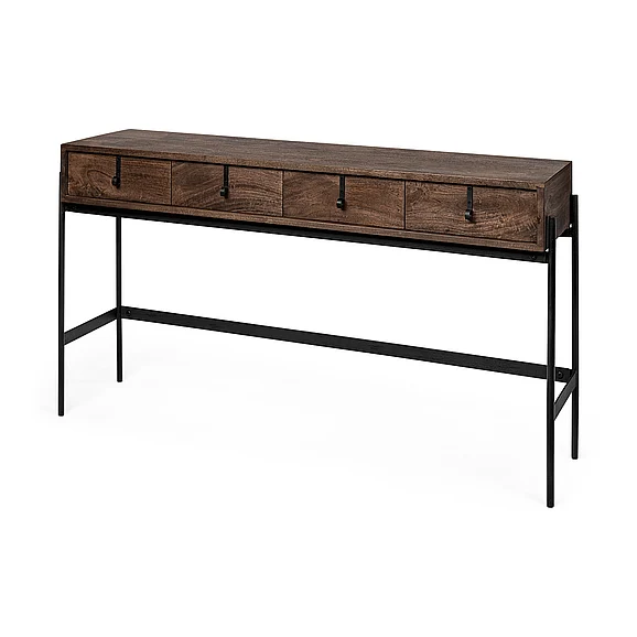 Mercana Glenn III 56L x 14W Dark Brown Wood w/ Black Iron Frame, 4 Drawer Console Table 69017