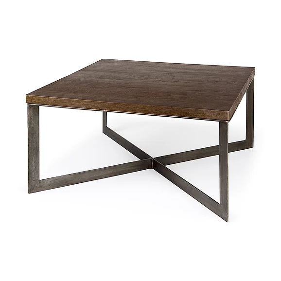 Mercana Faye 34L x 34W x 17H Medium Brown Wood w/Antique Nickel Metal Base Square Coffee Table 69181