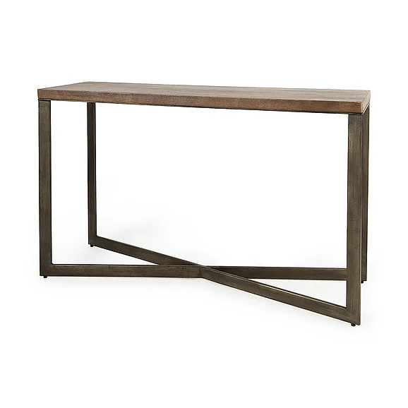 Mercana Faye 50L x 15W x 30H Medium Brown Wood w/Antique Nickel Metal Base Console Table 69183