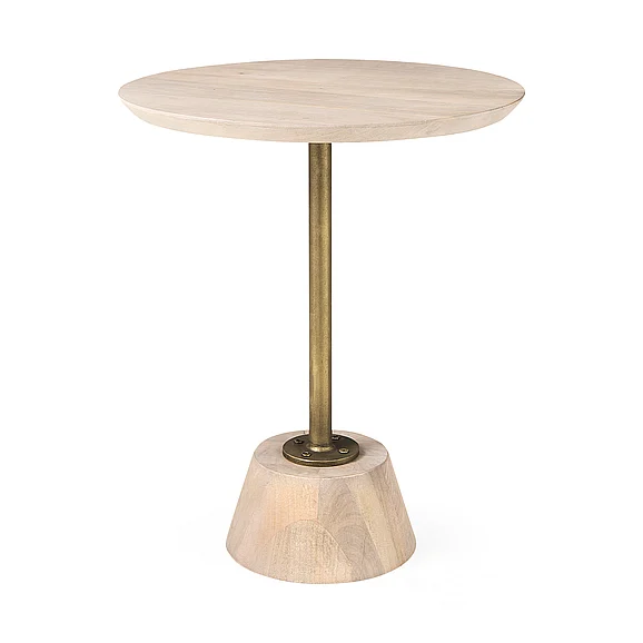 Mercana Maxwell 20" Round Light Brown Wood w/ Gold Metal Pedestal Side Table 69205