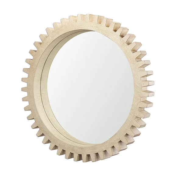 Mercana Cog Mirror 35" Round Natural Wood Frame Mirror 37140