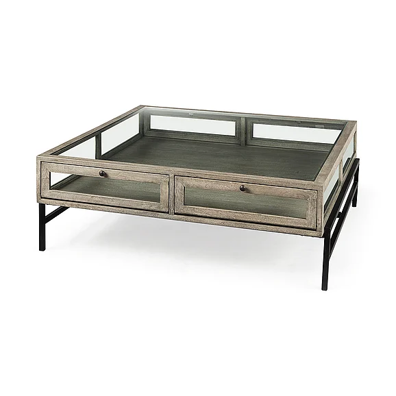 Mercana Arelius 42" Square Glass-Top Gray Wood w/ Black Metal Base Display Coffee Table 69297 PROMO