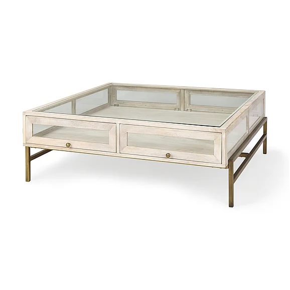 Mercana Arelius 42L x 42W x 15H White Wood w/ Gold Metal Base Square Display Coffee Table 69298 PROMO