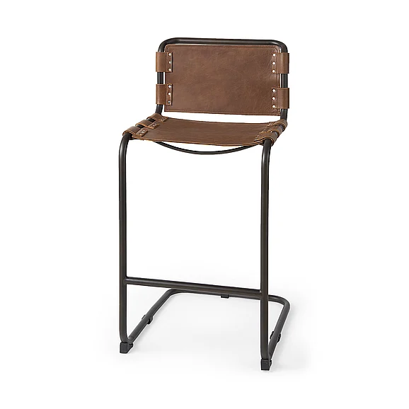 Mercana Berbick 43" Total Height Medium Brown Leather w/ Iron Frame Bar Stool 69280 PROMO