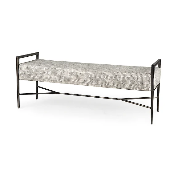 Mercana Charlotte 55.0L Gray Herringbone Fabric Seat w/ Antique Nickel Metal Frame Bench 69367