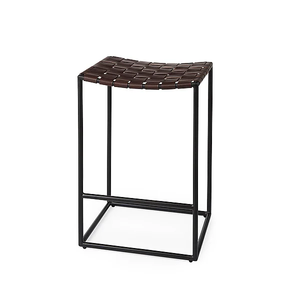 Mercana Clarissa 18.0L x 16.0W x 26.25H Dark Brown Woven Leather Seat w/ Black Iron Frame Counter Stool 69393