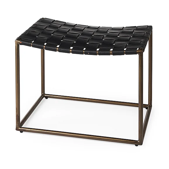 Mercana Clarissa 22.0L x 16.0W x 16.75H Black Leather Woven Seat w/ Gold Metal Frame Stool 69396