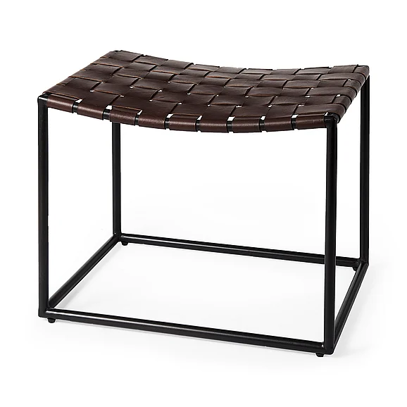 Mercana Clarissa 22.0L x 16.0W x 16.5H Brown Leather Woven Seat w/ Black Metal Frame Stool 69397