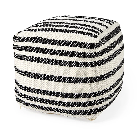 Mercana Aanya 16.0L x 16.0W x 16.0H Black/White Striped Wool and Cotton Pouf 69504