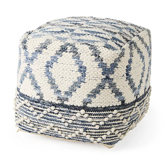 Mercana Eshana 16.0L x 16.0W x 16.0H Cream Wool and Denim Patterned Pouf 69519