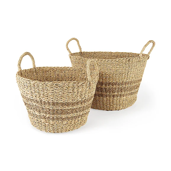 Mercana Vance 17.7L x 17.7W x 11.8H Light Brown Palm Leaf and Seagrass Round Basket w/ Handles 69587 PROMO