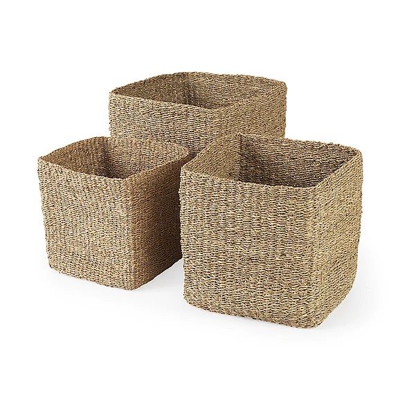 Mercana Copenhagen 15.7L x 15.7W x 15.7H (Set of 3) Medium Brown Square Twisted Seagrass Square Basket 69593 CLOSEOUT