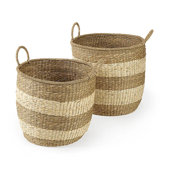 Mercana Bradley 18.1L x 18.1W x 16.0H (Set of 2) Light Brown w/Striped Seagrass Basket w/ Handles 69596 PROMO