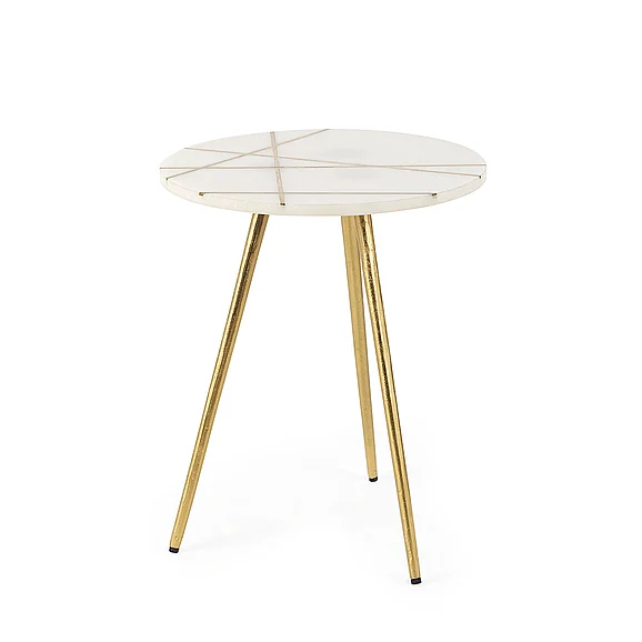 Mercana Vivienne 16.0L x 16.0W x 19.0H White Marble w/Antique Gold Metal Round Small Side Table 69674 PROMO