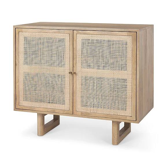 Mercana Grier 36L x 18W x 31H Light Brown Wood w/ Cane 2 Door Accent Cabinet 69909