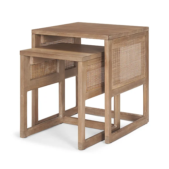 Mercana Grier Set of 2 Light Brown Solid Wood w/ Cane Nesting Accent Tables 69900