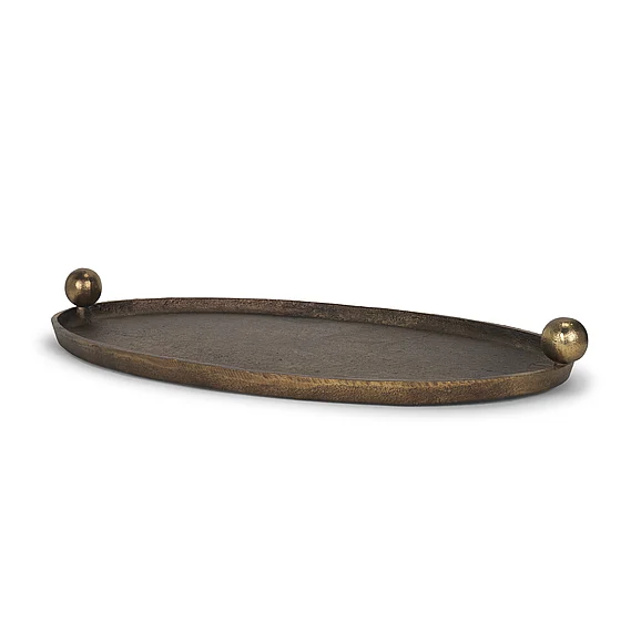 Mercana Jianna Small Oval Textured Antiqued Gold Metal Tray with Handles 71171