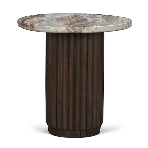 Mercana Marbrello Pink Marble Top Espresso Brown Fluted Wood Round Side Table 71213-AB