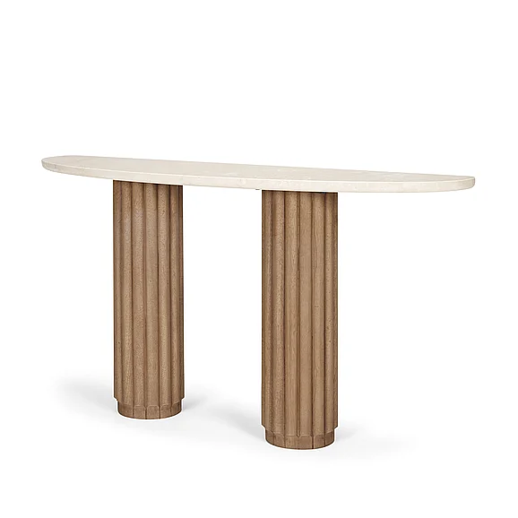 Mercana Marbrello Botticino Marble Top Light Brown Fluted Wood Half Moon Console Table 71286-AB