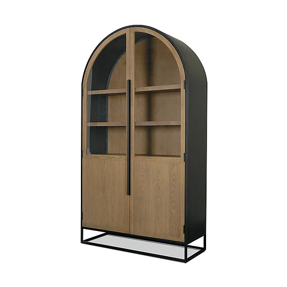 Mercana Sloan 47.5W x 80.5H Light Brown W/Black Metal Frame Arched Cabinet 71346