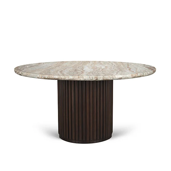 Mercana Marbrello 60" Pink Marble Top Espresso Brown Fluted Wood Round Dining Table 71215-AB