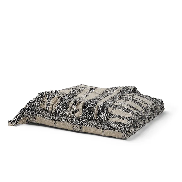 Mercana Pendle Cream w/ Woven Black Plaid Pattern Cotton Throw Blanket 71450