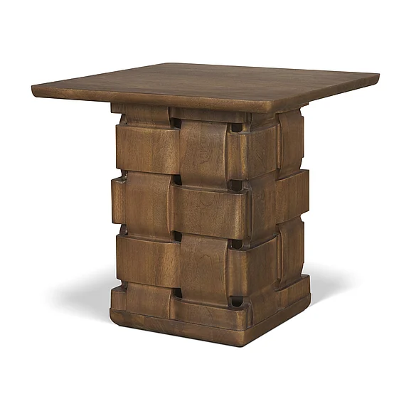 Mercana Trellyn Dark Brown Wood w/ Carved Woven Base Square Accent Table 71296