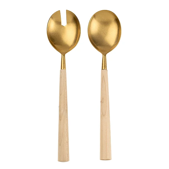 Mercana Maple Wood Salad Servers S/2, Tumbled Gold IN7115