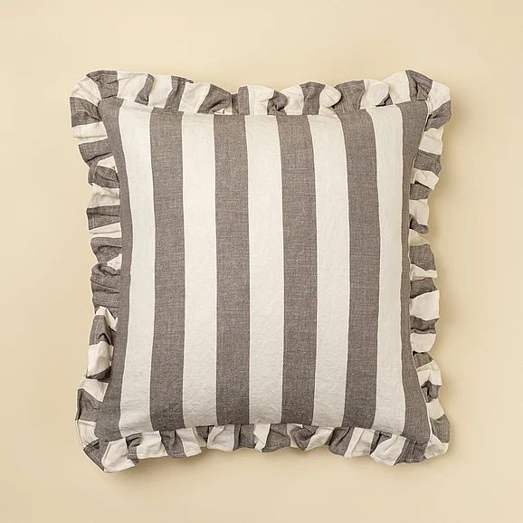 Mercana Ruffle 20x20 Thick Stripe Pillow, Grey w/Filler IN9117