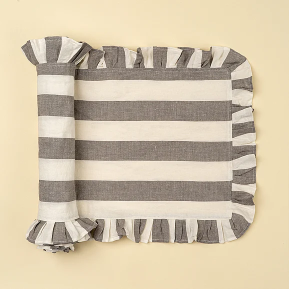 Mercana Ruffle Thick Stripe Table Runner - 112"L, Grey IN6248