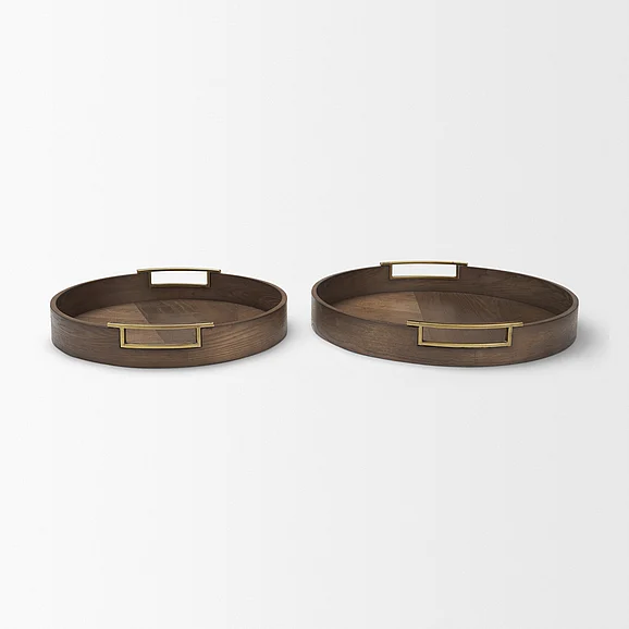 Mercana Langford Round Dark Brown Walnut Wood w/ Brass Handles Decorative Tray Set