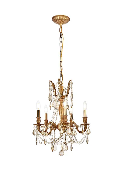 Elegant Rosalia 5 Light French Gold Pendant Golden Teak (Smoky) Royal Cut Crystal 9205D18FG-GT/RC