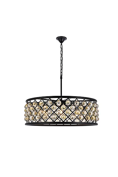 Elegant Madison 8 Light Matte Black Chandelier Golden Teak (Smoky) Royal Cut Crystal 1214D32MB-GT/RC