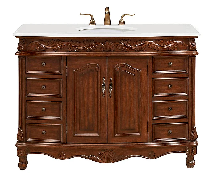 Elegant 48 In. Single Bathroom Vanity in Teak Color with Ivory White Engineered Marble VF-1040-VW