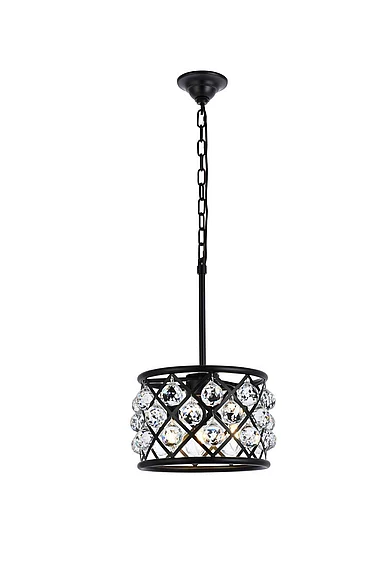 Elegant Madison 3 Light Matte Black Pendant Clear Royal Cut Crystal 1214D12MB/RC