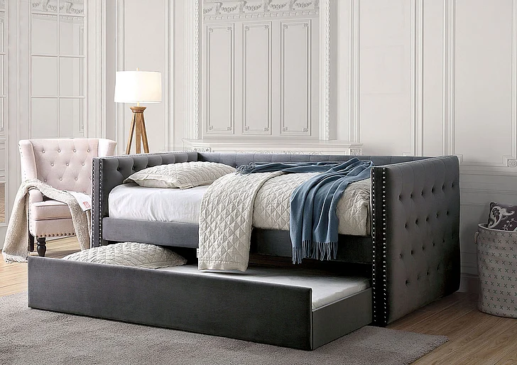 Gray Finish Daybed with Trundle Nailhead Trim Padded Button Tufted Upholstery Tuxedo Design Slat Kit Included
