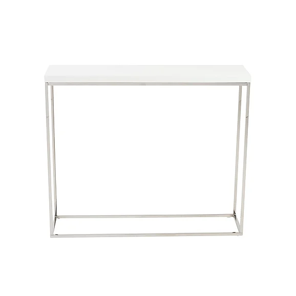 Euro Style Teresa Console Table in White Lacquer with Polished Stainless Steel Frame 09803WHT CLOSEOUT