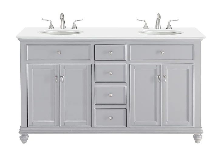 Elegant 60 In. Double Bathroom Vanity in Light Grey with Ivory White Engineered Marble VF12360DGR-VW