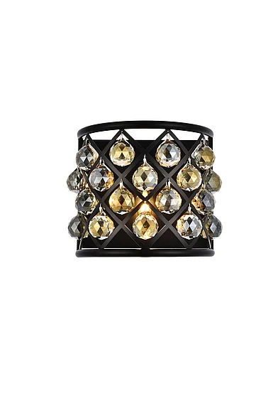 Elegant Madison 1 Light Matte Black Wall Sconce Golden Teak (Smoky) Royal Cut Crystal 1214W11MB-GT/RC