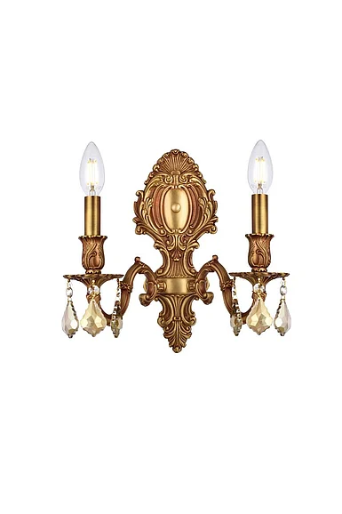Elegant Monarch 2 Light French Gold Wall Sconce Golden Teak (Smoky) Royal Cut Crystal 9602W10FG-GT/RC